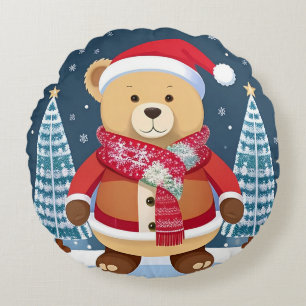 Festive Teddy Bear With Santa Hat Round Pillow