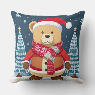 Festive Teddy Bear With Santa Hat Throw Pillow