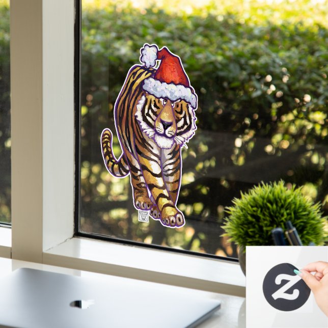 Festive Tiger in a Santa Hat Window Cling (Office)
