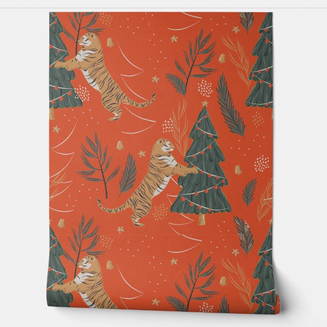 Festive Tigers and Christmas Trees Wallpaper (Unrolling)