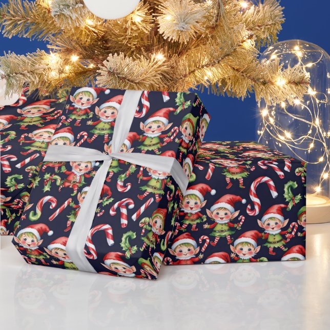 Festive tiled Christmas elves  Wrapping Paper (Holidays)