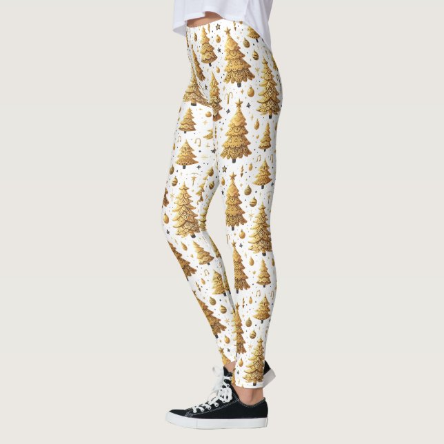 Festive tiled golden Christmas trees pattern Leggings (Left)