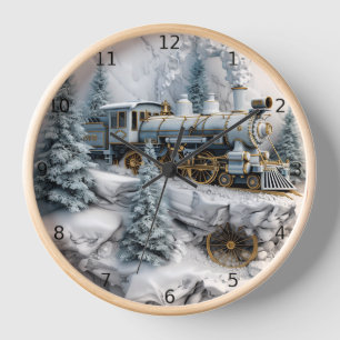 Festive train trip through snowy peaks clock