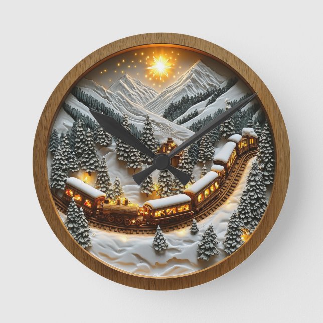 Festive train trip through snowy peaks round clock (Front)