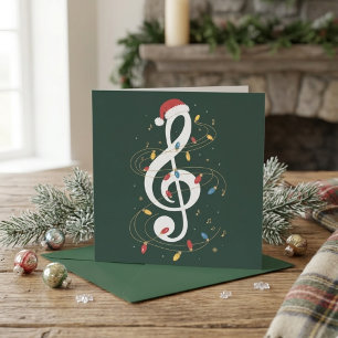 Festive Treble Clef Santa Hat Christmas Lights Holiday Card
