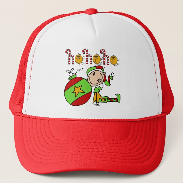 Festive Tree Ornament and Elf Christmas Trucker Hat (Front)