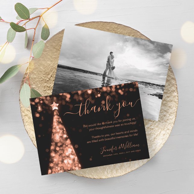 Festive Tree Rose Gold Wedding Photo Thank You  Invitation (Festive Tree Rose Gold Wedding Photo Thank You Invitation)