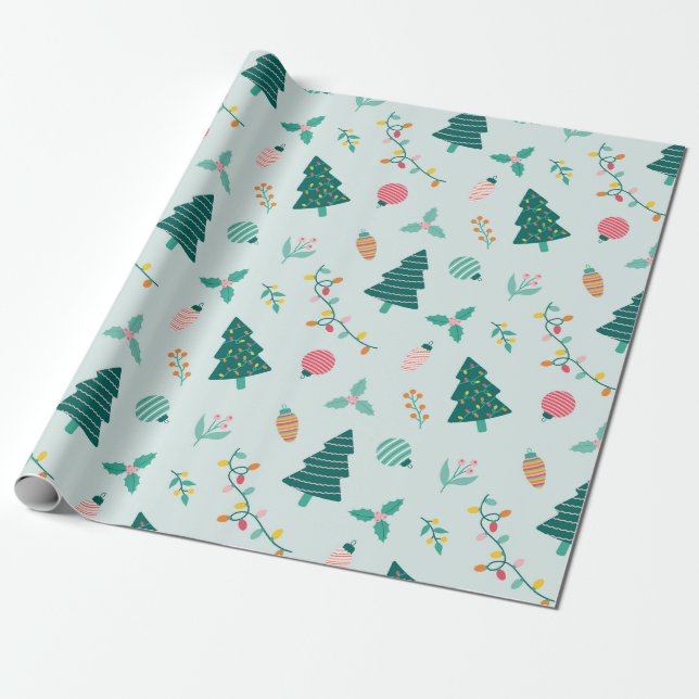 Festive Trees, Ornaments, and Branches Wrapping Paper (Unrolled)