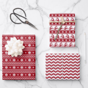 Festive Trendy Retro Red  White christmas Pattern Wrapping Paper Sheet