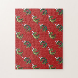Festive TRex Heads and Tails Red Pattern Christmas Jigsaw Puzzle