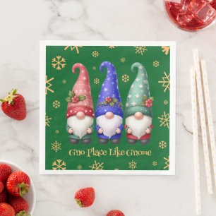 Festive Trio of Christmas Gnomes with Snowflakes Napkin
