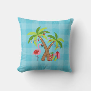 Festive Tropics Holiday Flamingo and Palm Trees Outdoor Pillow