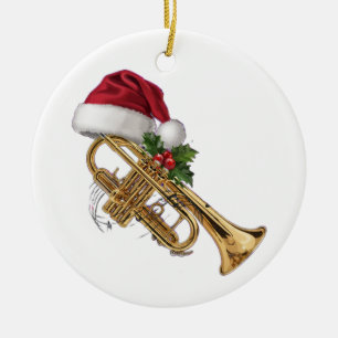 Festive Trumpet Wrapped in Christmas Lights Ceramic Ornament