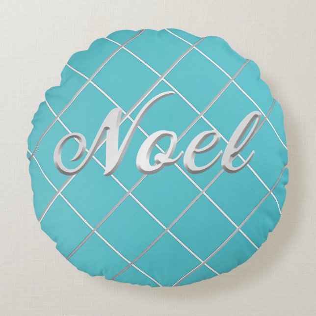 Festive Turquoise Blue & Silver 'Noel' Decorative Round Pillow (Front)
