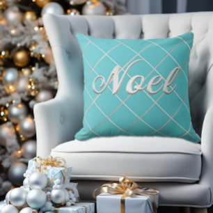 Festive Turquoise Blue & Silver 'Noel' Decorative Throw Pillow