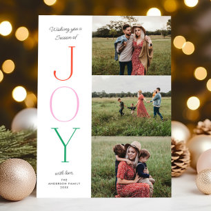 Festive Type JOY Customizable Colours THREE Photo Holiday Card