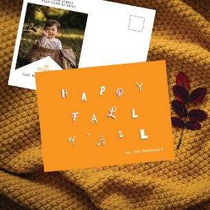 Festive Type Photo "Happy Fall Y'all" Orange Holiday Postcard