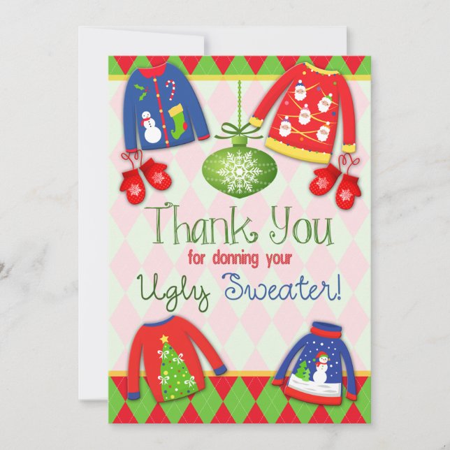 Festive Ugly Christmas Sweater Party Thank You Card (Front)