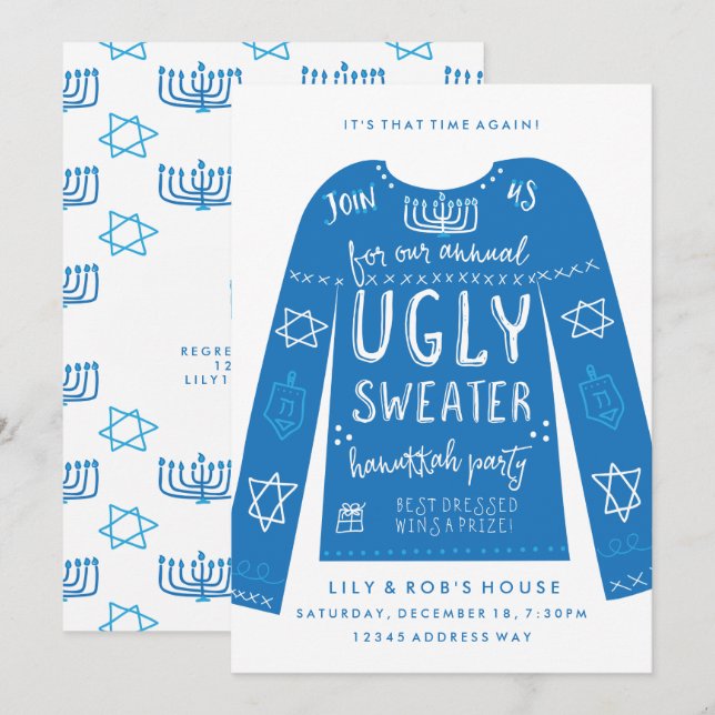 Festive Ugly Sweater Hanukkah Party Invitations (Front/Back)