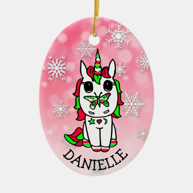 Festive Unicorn with Butterfly on Nose Christmas Ceramic Ornament (Front)