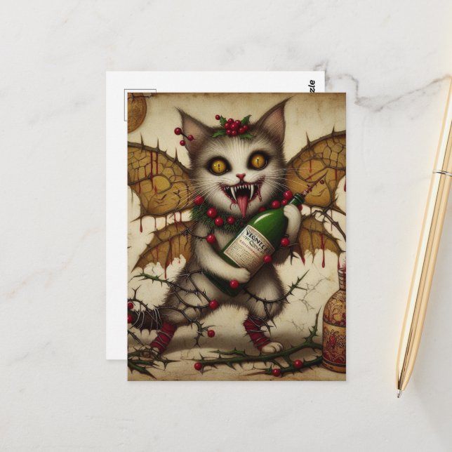 Festive Vampire Cat Christmas Postcard (Front/Back In Situ)