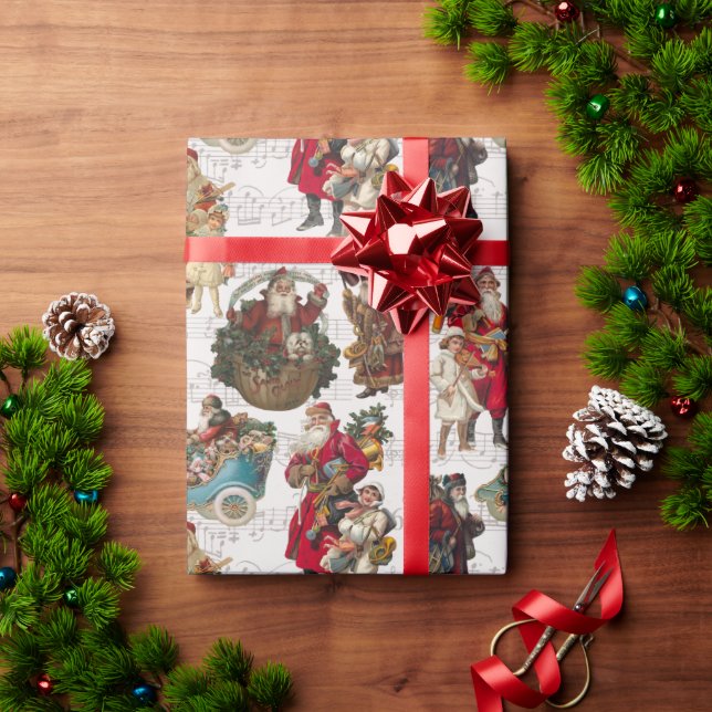 Festive Victorian Santas on Antique Music Wrapping Paper (Holiday Gift)