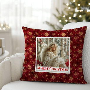 Festive Vintage Angel Red Gold Accent Christmas  Throw Pillow