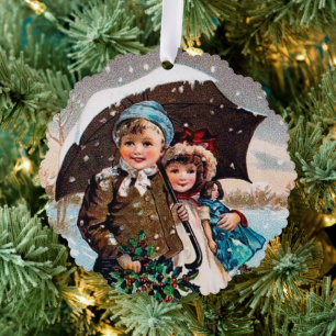 festive vintage Christmas add text kids Ornament Card