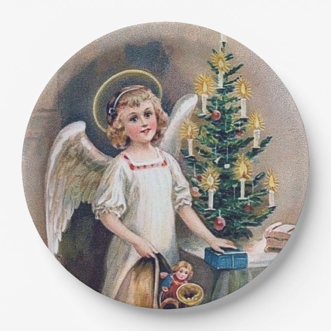 festive vintage Christmas Angel Holiday Paper Plate (Front)