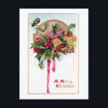 Festive Vintage Christmas Bells & Holly Postcard<br><div class="desc">Festive restored antique Christmas card illustration featuring colourful spray of green and red holly gathered in a red bow with a shiny brass bell,  cute bird and Merry Christmas message in fancy gold script. Back features complementary graphics and editable text fields.</div>