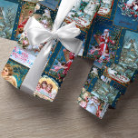 Festive Vintage Christmas Card Collage-Blue BG Wrapping Paper<br><div class="desc">Festive and colourful holiday collage featuring vintage Christmas cards from the Victorian era including Santa,  angels,  stars,  seasonal flowers and cheery greetings on rich dark blue background with gold star overlay pattern</div>