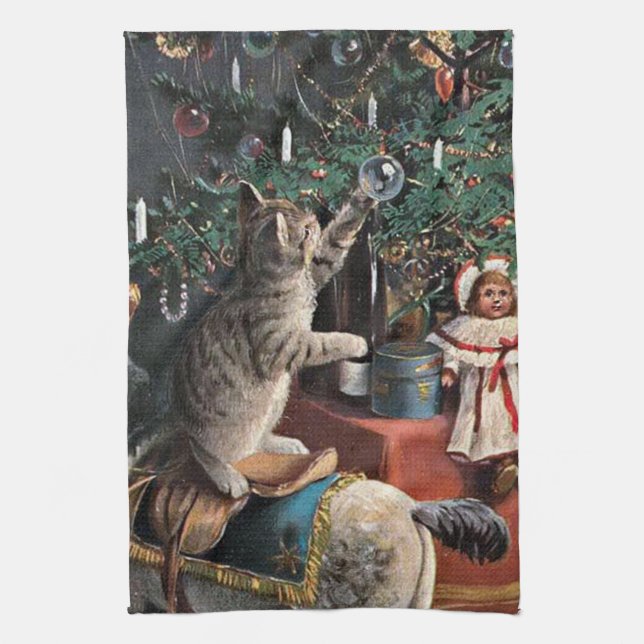 festive vintage Christmas cat Holiday Kitchen Towel (Vertical)