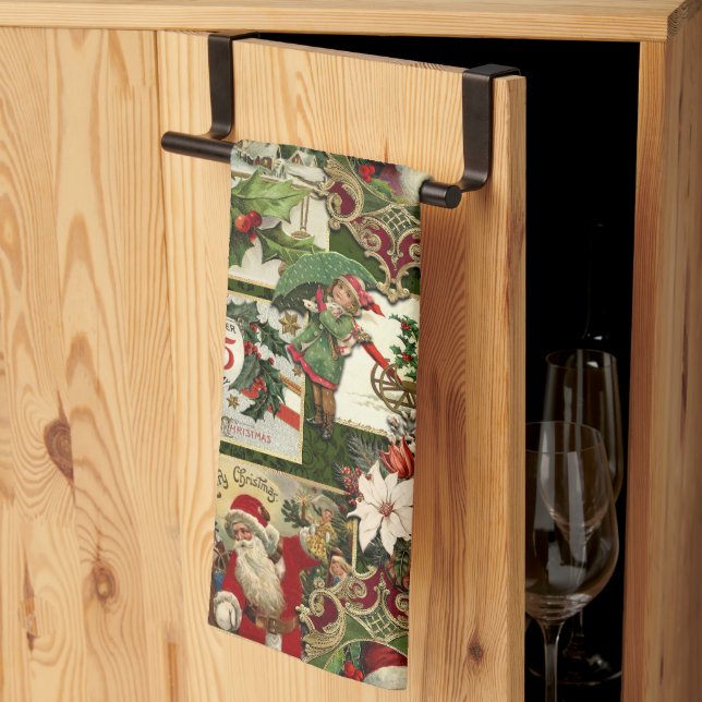Festive Vintage Christmas Ephemera Collage-Green Kitchen Towel (Thirds Fold)
