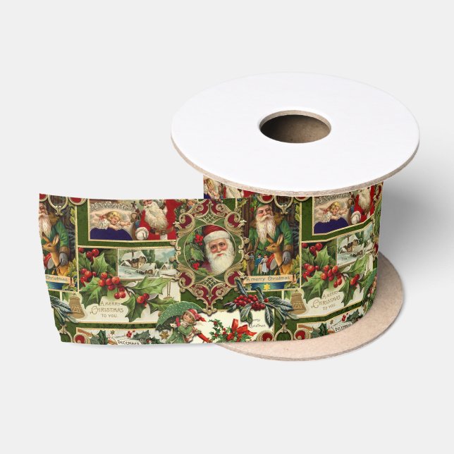 Festive Vintage Christmas Ephemera Collage-Green Satin Ribbon (Spool)