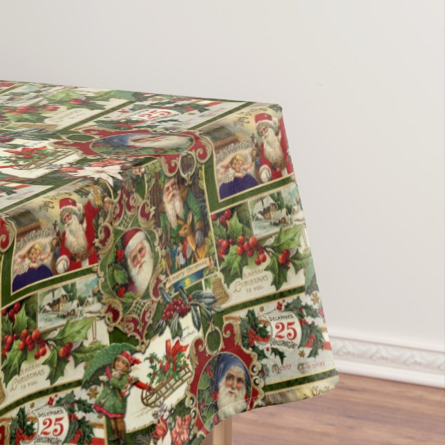Festive Vintage Christmas Ephemera Collage-Green Tablecloth (In Situ)