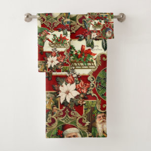 Festive Vintage Christmas Ephemera Collage-Red Bath Towel Set