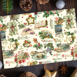 Festive Vintage Christmas Greetings Collage-Ecru  Tissue Paper<br><div class="desc">Festive,  fun and unique holiday seamless pattern featuring vintage Merry Christmas greetings in decorative script with traditional floral embellishments,  including holly,  ribbons,  angels,  winter landscape vignettes,  birds and red berries. Ecru background.</div>