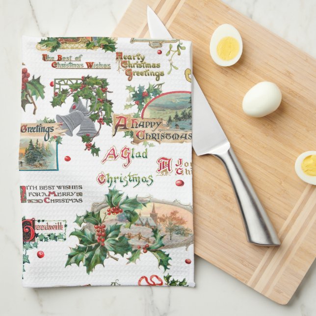 Festive Vintage Christmas Greetings Collage-White  Kitchen Towel (Quarter Fold)
