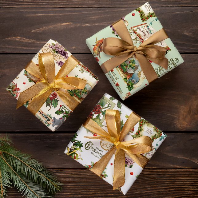 Festive Vintage Christmas Greetings Collage Wrapping Paper Sheet (Creator Uploaded)