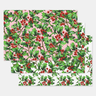 Festive Vintage Christmas Holly Berries Wrapping Paper Sheet
