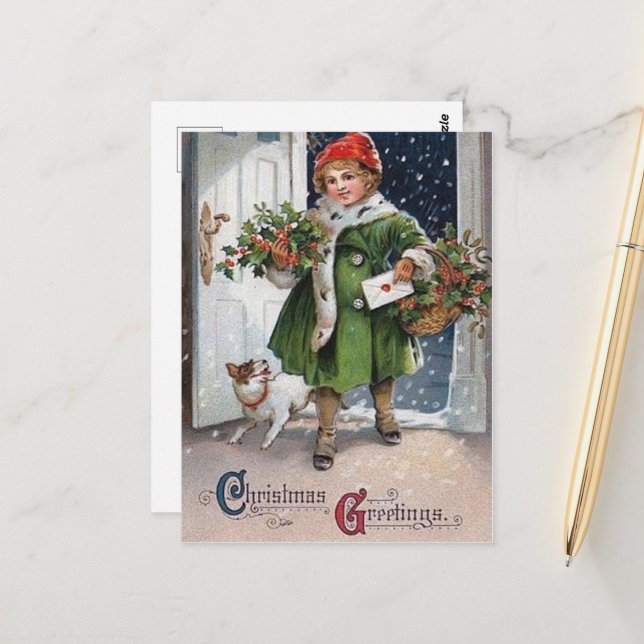 festive vintage Christmas lady Holiday Postcard (Front/Back In Situ)
