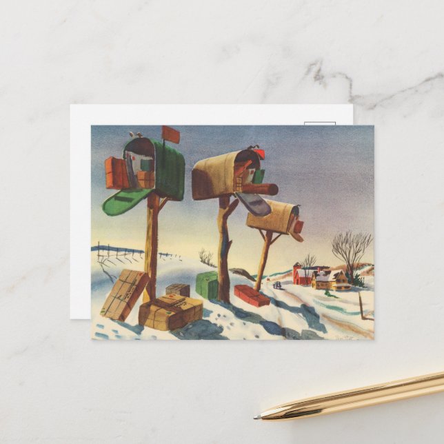 Festive vintage Christmas mailboxes Holiday Postcard (Front/Back In Situ)