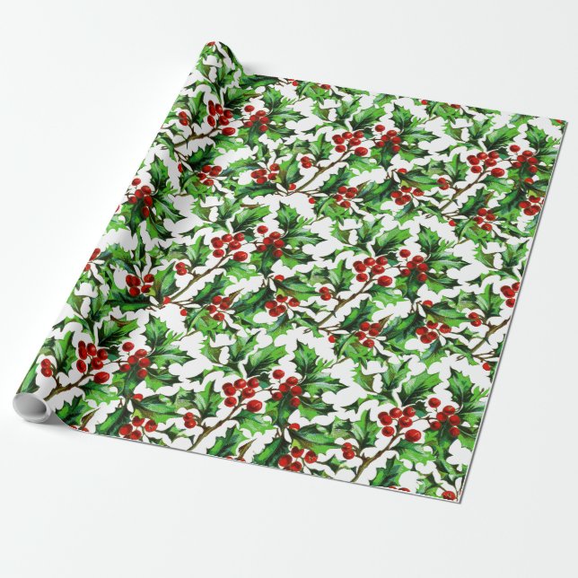 Festive Vintage Christmas Red Holly Berries   Wrapping Paper (Unrolled)