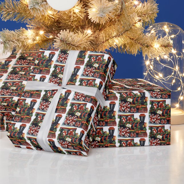 festive vintage Christmas train tiled Holiday Wrapping Paper (Holidays)