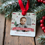 Festive Vintage Christmas Tree Farm Photo Ceramic  Metal Ornament<br><div class="desc">Celebrate the magical and festive holiday season with our custom holiday photo ornament. Our vintage holiday design features a Christmas tree farm scenery, this Christmas pattern incorporates a farm Christmas scene featuring a farmhouse, a red barn, children playing and throwing snowballs, Christmas trees, and a red vintage truck. Customize with...</div>