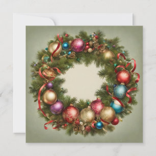 Festive Vintage Christmas Wreath with Ornaments  Holiday Card