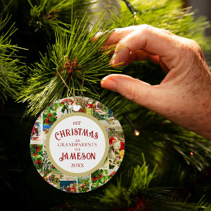 Festive Vintage First Christmas as Grandparents Ceramic Ornament