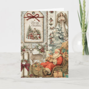 Festive Vintage Inspired Floral Santa Christmas  Holiday Card