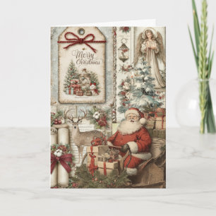 Festive Vintage Inspired Floral Santa Christmas  Holiday Card