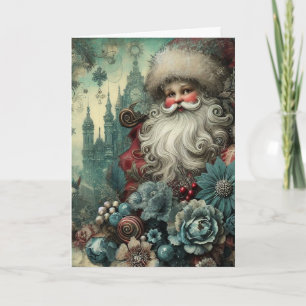 Festive Vintage Inspired Floral Santa Christmas  Holiday Card